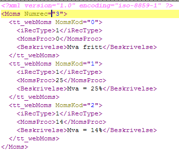 Mvaregister (WBMVA Til nettbutikk) Mvaregister som inneholder oppsettett av mvakoder og mva% for de respektive kodene. Filnavn: WBMVA<Sekv.nr>.xml MomsKod Int >9 MomsProc Dec >>9.