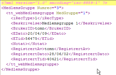 MedGruppe Int >>>9 Beskrivelse Char X(30) BrukerId Char X(10) EDato Date 99/99/9999 ETid Int >>>>>>>9 Notat Char X(40) RegistrertDato Date 99/99/9999 RegistrertTid Int >>>>>>>>>>>>9 RegistrertAv Char