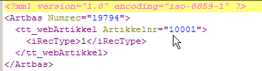 Artikkelomsending (WBREQ Fra nettbutikk) Filnavn: WBREQ<Sekv.nr>.xml ArtikkelNr dec >>>>>>>>>>>>9 Salgsordre (WBORD Fra nettbutikk) Dette er ordreformatet fra BITS epages (www.bits.no).