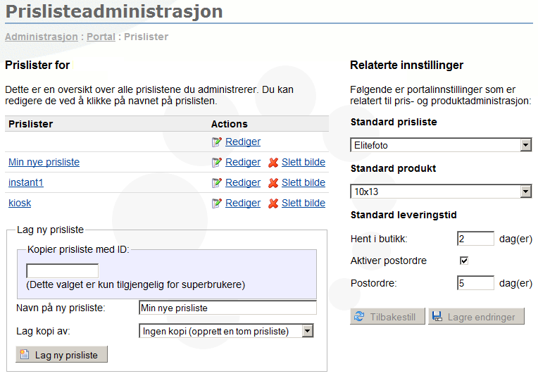 Prislister Prislister på Administrasjonssiden bruker du til å velge hvilke produkter du skal tilby dine kunder, sette pris og leveringsalternativ på produktene og tilegne prislisten til Web portal,