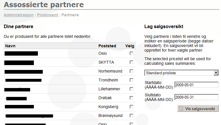 Mine partnere Under Mine partnere vil du kunne se alle dine partnere som du produserer for. Du vil også kunne se salgs oversikt for dine partnere i et gitt tidsrom.