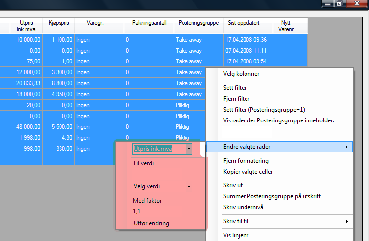 Varer Øke utvalgte varers utsalgspris med 10% Først må man finne frem varene som skal endres pris på. En kombinasjon av filtre og sortering på kolonnene vil vanligvis fungere.