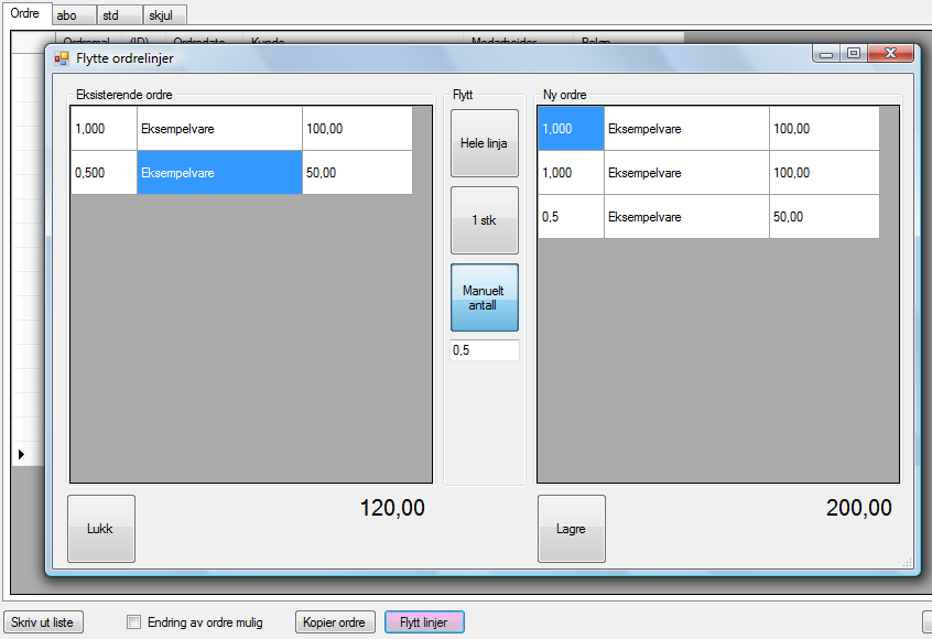 Ordre Flytt linjer Ved å bruke denne funksjonen kan man splitte opp en ordre. Velg kreditordren som skal splittes og trykk på «Flytt linjer».