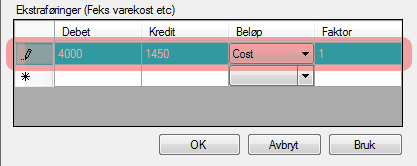 2 Oppsett Faktor Sett faktor som skal multipliseres med «Beløp» for å debiteres/krediteres. 15% blir da skrevet inn som 0,15.