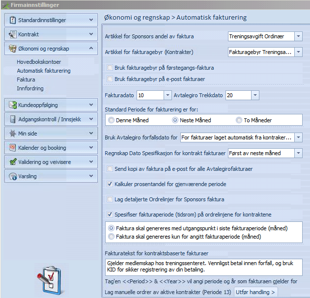 Faktureringsinnstillinger 1) Gå inn på Innstillinger, Firmainnstillinger. 2) Velg Økonomi og regnskap, Automatisk fakturering. Innstillingene du ser på skjermbildet er de vanligste blant kundene.
