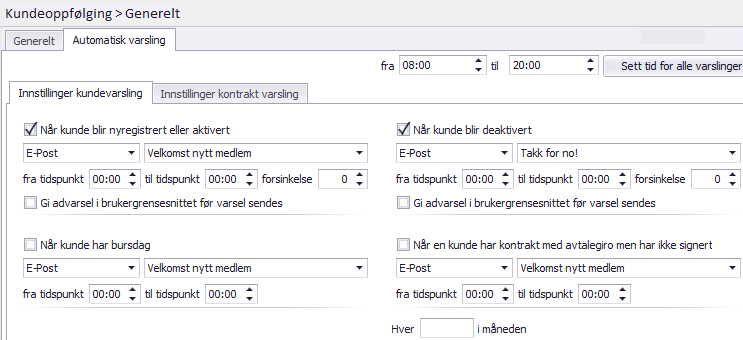 Oppfølgingspunkter I Xakt kan du velge å produsere brev/sms/e-post automatisk til nye eller deaktiverte kunder. 1) Gå inn på Innstillinger, Firmainnstillinger. 2) Velg Kundeoppfølging, Generelt.