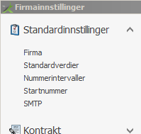 Firmaopplysninger Her er det viktig at firmaets data er korrekt. 1) Gå inn på Innstillinger, Firmainnstillinger. 2) Velg Standardinnstillinger, Firma i sidemenyen. 3) Firmanavn er allerede utfylt.