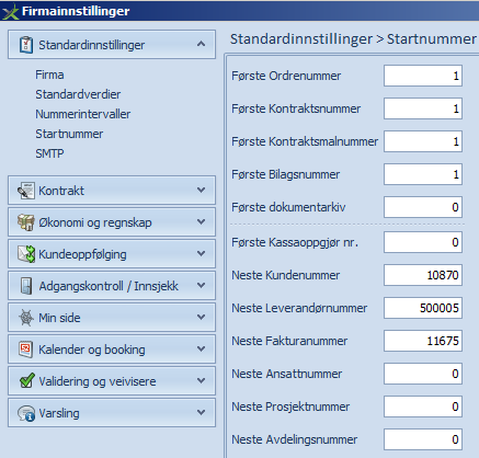 Nummerintervaller (Kontointervaller) 1) Gå inn på Innstillinger, Firmainnstillinger. 2) Velg Standardinnstillinger, Nummerintervaller.