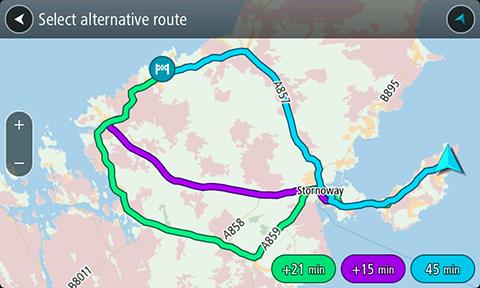 Det vises opptil tre alternative ruter på kartvisningen. Hver alternative rute viser forskjellen i reisetid i en ballong. 5. Velg ruten du ønsker ved å trykke på tidsballongen. 6. Velg Start. 7.