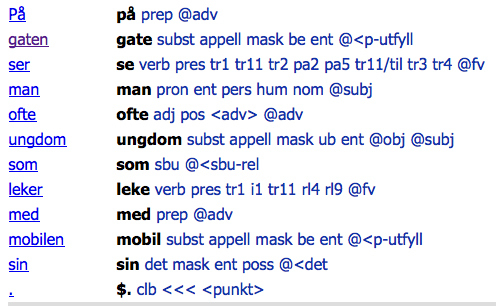 I ASK-korpuset har hvert ord fått et kjennemerke ved hjelp av Oslo-Bergen-taggeren 12 med informasjon om ordklasse, morfologiske og syntaktiske trekk (part-of-speech tagging; POS).