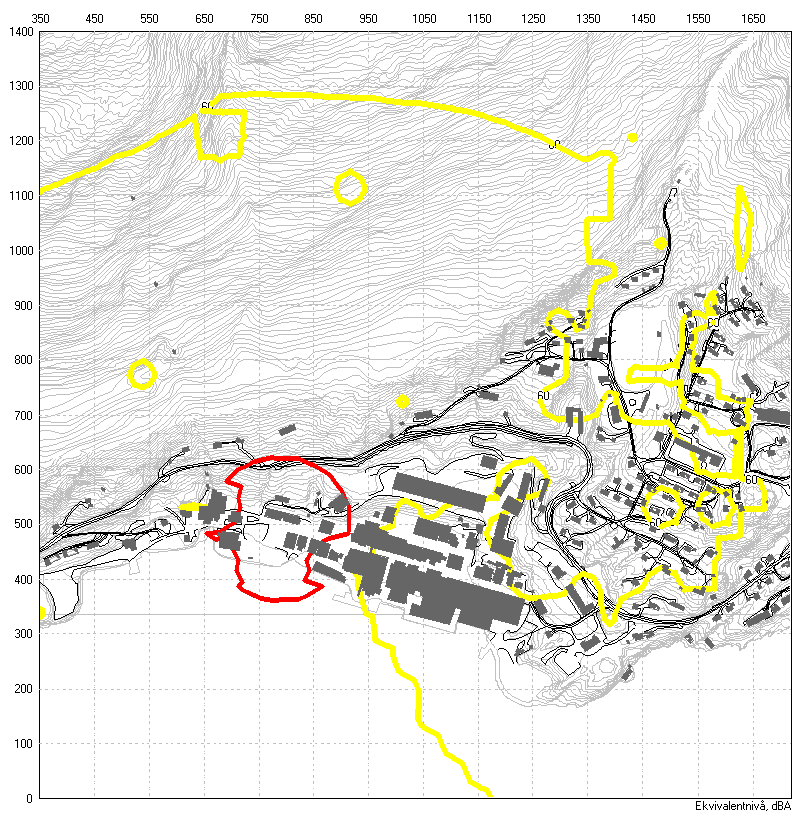 Figur 47. Eksempel på støykotekart for tung, eldre prosessindustri. På bedriften er det utendørs aktivitet med transportutstyr og lasting/lossing av råvarer/ferdigprodukt.