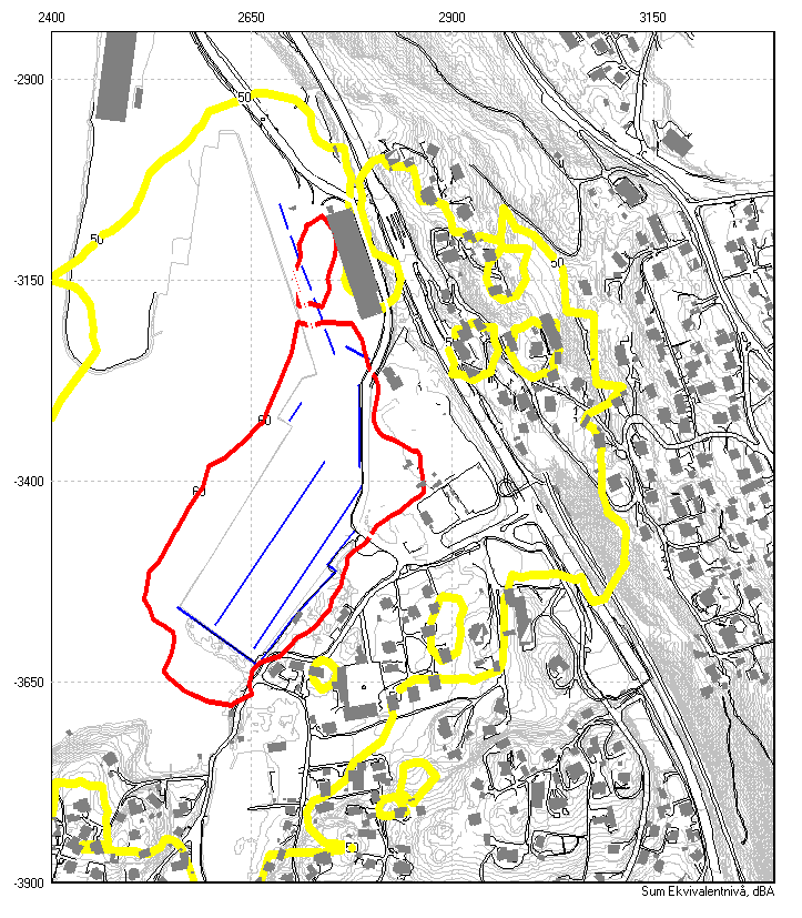 Figur 53. Eksempel på støykotekart for stor havn/containerterminal. L den for 50 og 60 db (grense for hhv gul og rød sone) med vurderingsperiode 1år. Driftsforutsetninger: mandag-fredag kl.