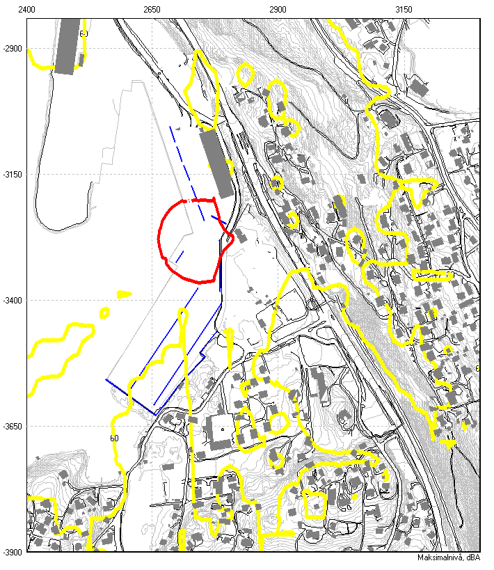 Figur 54. Eksempel på støykotekart, beregnet L 5AF for 60 og 80 db (maksimalnivågrense for hhv gul og rød sone på natt). Driftsforutsetninger: Lydeffekt L WA 129 db fra containerslag.