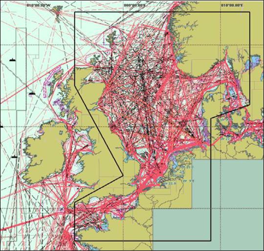 I Nordsjøen er det et svært komplekst trafikkmønster, og er beskrevet i en statusbeskrivelse i forbindelse med forvaltningsplanarbeidet for Nordsjøen (Sjøfartsdirektoratet 2010), se Figur 24.