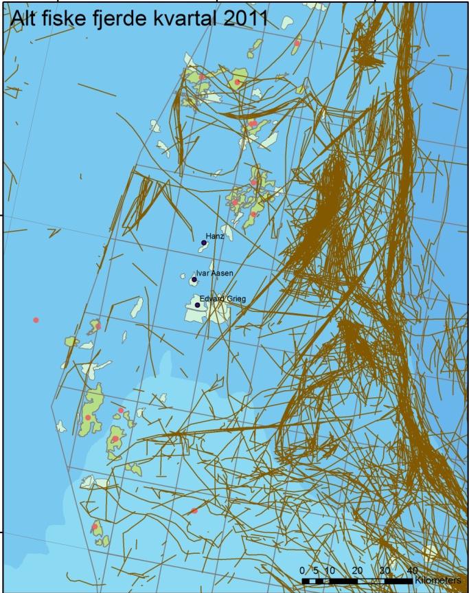 10.5 Satelittsporingsdata for fiskefartøy Figur 54 viser sporingsresultater for 2011, som er det enkeltåret i den kartlagte perioden med størst fiskeriaktivitet omkring Aasen. Figur 54. Registrert fiskeriaktivitet med alle redskapstyper i Aasenområdet i 2011.