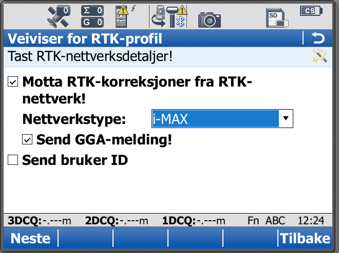 .. Velg i lista DGNSS_iMAX_RTCM3.1 Huk av for Motta RTK-korreksjoner fra... Nettverkstype: velg imax Huk av for Send GGA-melding Velg RTK-dataformat: RTCMv3.