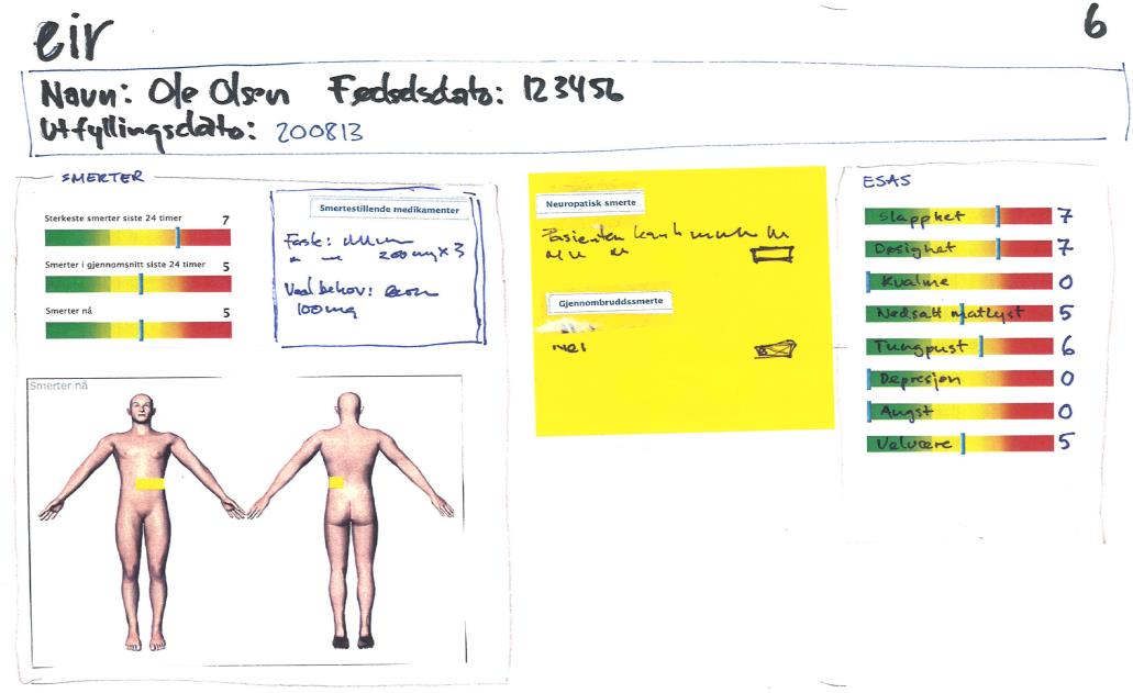 Figur 15 Papirprototype 5. Som prototype 3, men med kun tallverdier på bakgrunnsfarge og smertekart. Figur 16 Papirprototype 6. Smerter fremhevet.