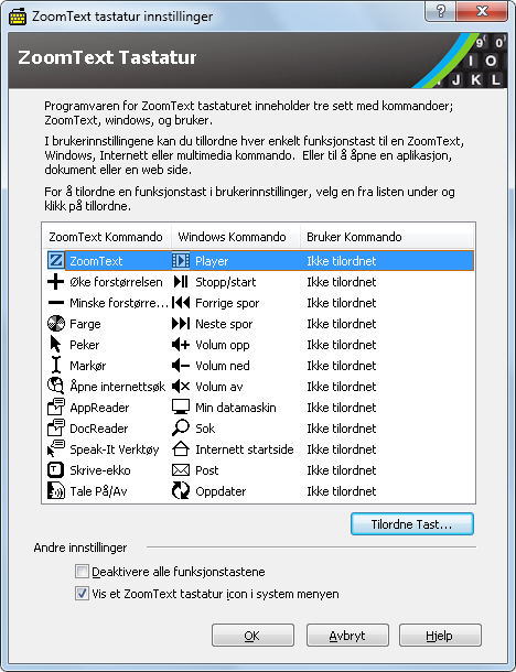 16 ZoomText tastaturets innstillinger Følgende