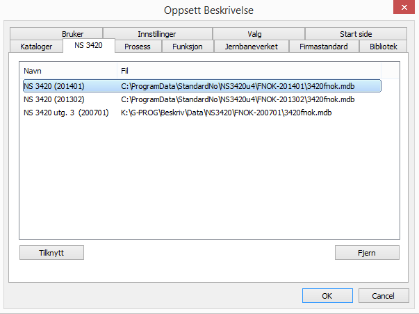 Prosjektoppsett - Databaser Her velger du hvilke databaser som skal være aktive i ditt prosjekt. Normalt er dette kun NS 3420 utg.4, men du kan også ha utgave 3 eller andre databaser.