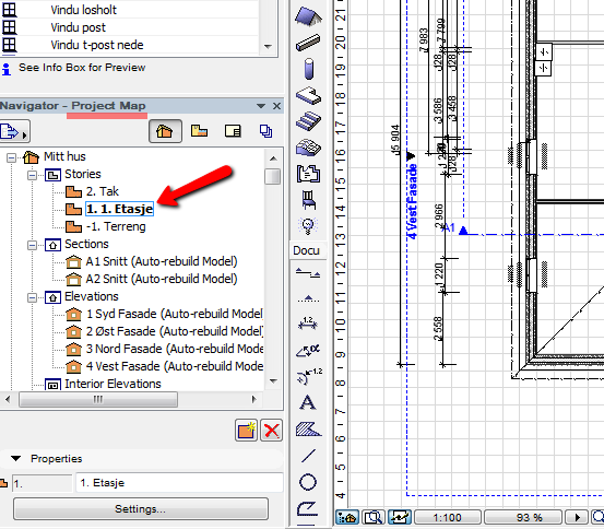 1. ETASJE DEKKER/GULV, YTTERVEGGER, INNERVEGGER OG VEGGINSTILLINGER For å starte tegning av huset må du være inne i 1. etasje under Navigator Project Map.