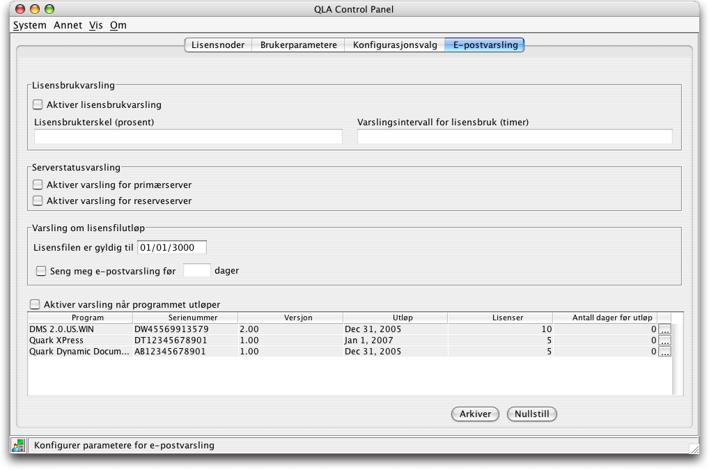 BRUKE BRUKERGRENSESNITTET FOR QLA CONTROL PANEL E-POSTVARSLING Klikk kategorien E-postvarsling for å angi når e-postvarslinger er sendt for QLA Server, angi lisensbruk og konfigurere når lisensfiler