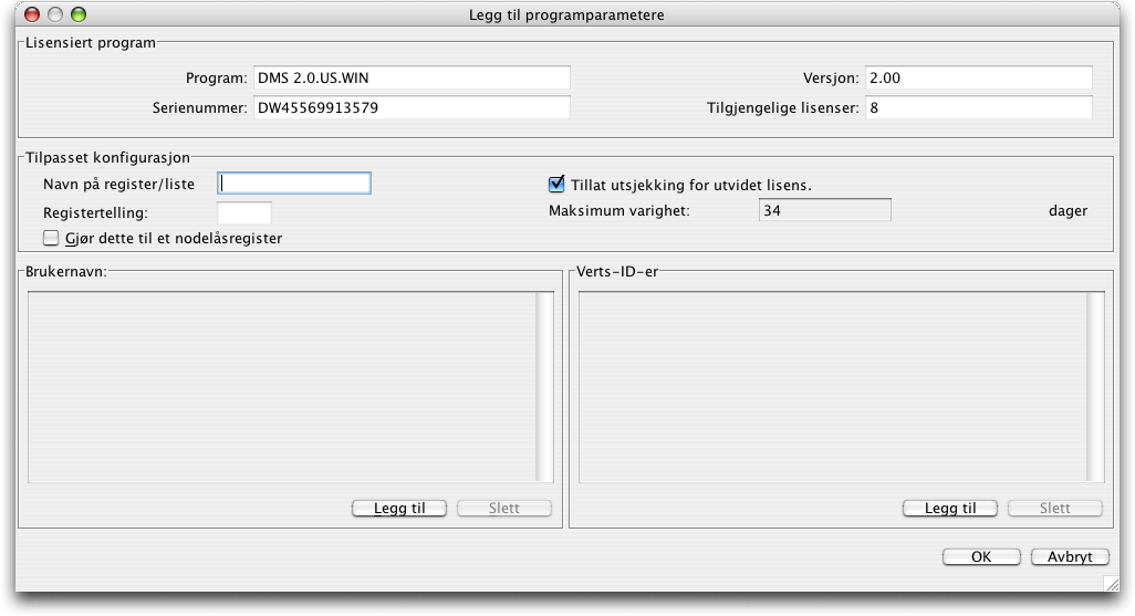 TILDELE LISENSER Dialogboksen Legg til programparametere En bruker kan ikke slettes hvis han eller hun har sjekket ut en lisens.