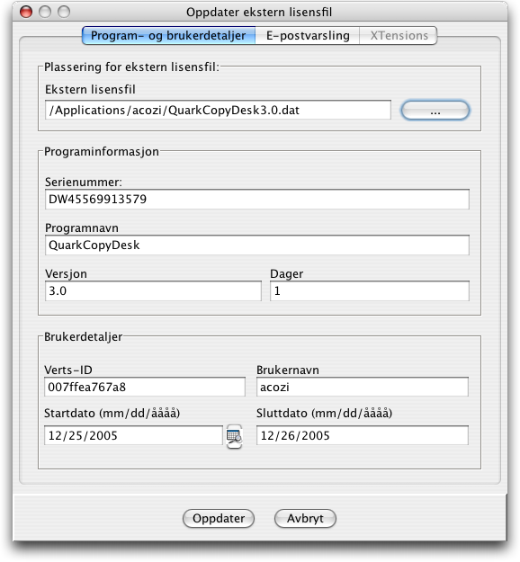 ARBEIDE MED EKSTERNE LISENSFILER Slik endrer du en ekstern lisensfil: 1 Velg Annet Oppdater ekstern lisensfil. Dialogboksen Oppdater ekstern lisensfil vises.