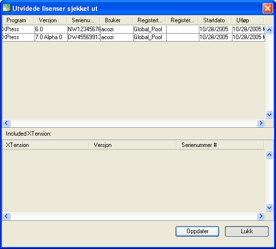 ARBEIDE MED UTVIDEDE LISENSER VISE INFORMASJON OM UTVIDEDE REGISTERLISENSER Via dialogboksen QLA Control Panel kan du vise en liste over lisenser som er sjekket ut eller vil bli sjekket ut på et