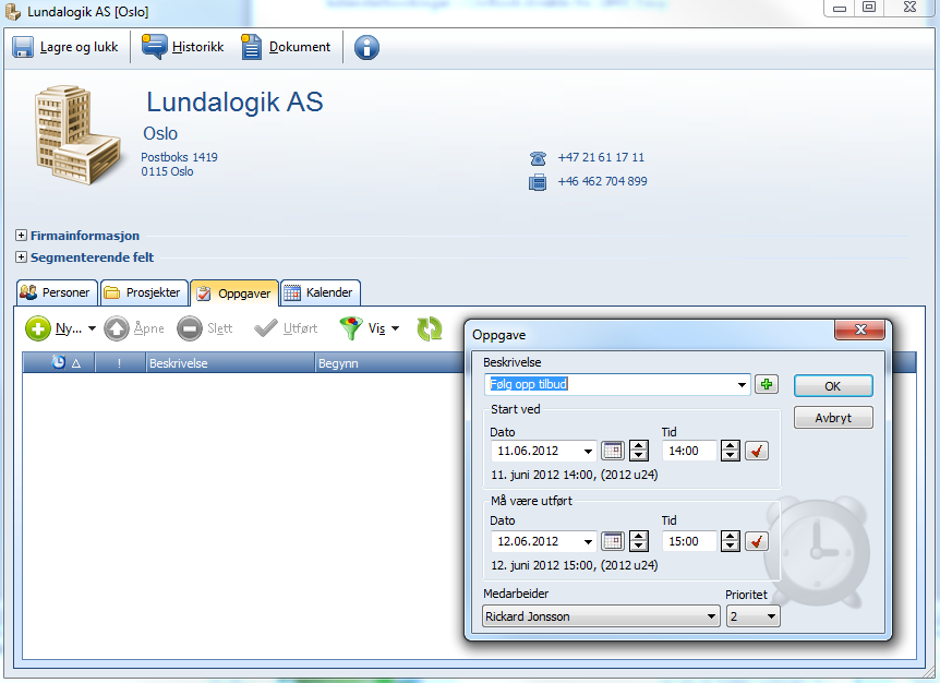 9. Legg til en Oppgave For å kunne planlegge sin tid og følge opp de aktivitetene som skal gjøres, kan man legge til Oppgaver koblet opp mot firmaet eller prosjektet, seg selv og sine medarbeidere.