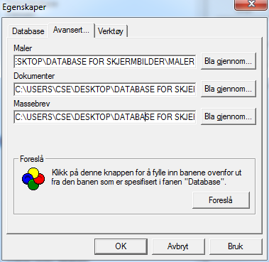 Velg Avansert og klikk på Foreslå, kontroller at banen til mappene for Maler, Dokument og Massebrev er korrekt. Mappene skal finnes på samme sted som LIME Easy-databasen.