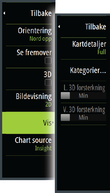 Kartoverlegg Radar-, struktur-, AIS- og værinformasjon kan vises som et overlegg på kartpanelet. Ú Merk: AIS er som standard aktivert, men kan deaktiveres.