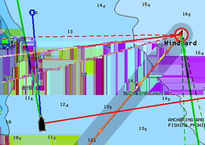 Legglinje Konfigurerer alternativene for legglinje på kartet og på SailSteer-panelene. Bildet viser legglinje fra merke/veipunkt med grenser.