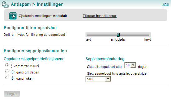 Antispam Innstillinger Innstillinger På samme måte som antivirusprogrammer bruker virusdefinisjonsfiler for å oppdage ondsinnet programvare, så bruker antispam-løsninger definisjonsfiler til å