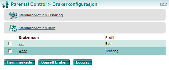 Parental Control Brukerkonfigurasjon Brukerkonfigurasjon Opprett brukere og tildel brukerprofiler. Eksisterende brukere står oppført i denne dialogboksen med brukernavn og profilen de er tildelt.