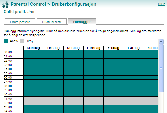 Parental Control Loggvisning 1. Hvis du vil blokkere Internett-tilgang i en bestemt periode, plasserer du markøren i ønsket periode og klikker på den. 2.