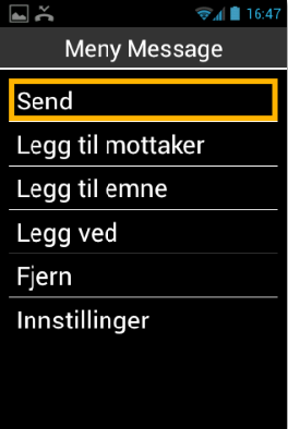 Innstillinger for Meldinger Fra Hjem -skjermen trykker du på "Meldinger" -ikonet. Trykk videre på "Meny" -knappen for å komme inn på brukerinnstillingene for "Meldinger"-programmet.