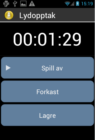 Lydopptak "Lydpptak" -programmet brukes til innlesning. Trykk på "Spill inn" for å starte et opptak, trykk på "Pause" for å stoppe opptaket midlertidig og trykk på "Stopp" for å avslutte opptaket.