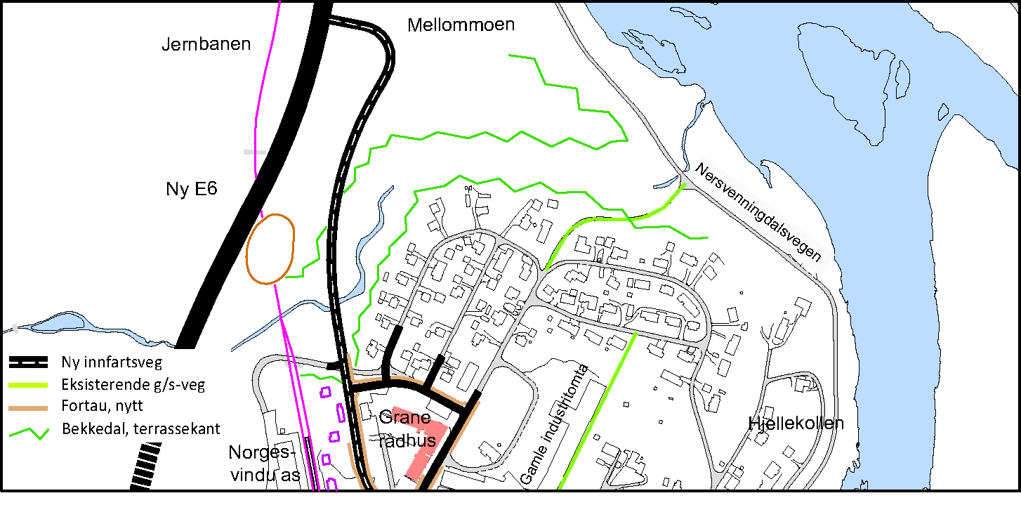 Side 43 av 51 Reguleringsplanen omfatter: o Erverv av areal til elvemøteplass ved Trofors bru o Breddeutvidelse av Troforsvegen fra 6-6,5 m, for å takle gjennomgangstrafikk o Langsgående parkering og