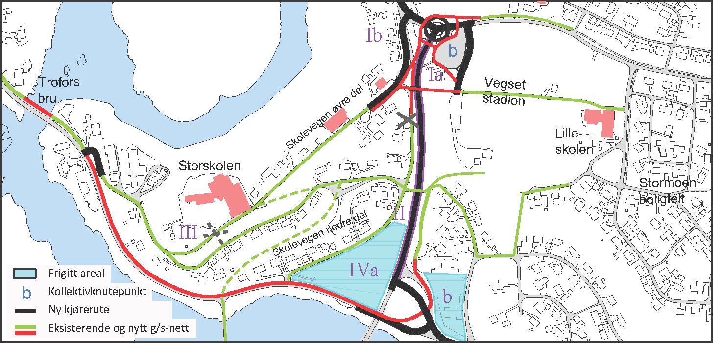 Side 46 av 51 Reguleringsforslaget medfører (se figur over): I. a Gående og syklende får et system som henger sammen i alle retninger. Farten blir lav i området omkring rundkjøringen.