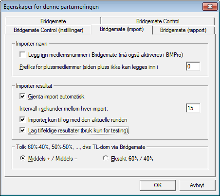 Simulering Egenskaper fr denne turneringen > Bridgemate Med disse innstillingene så kan du simulere en turnering i Ruter.