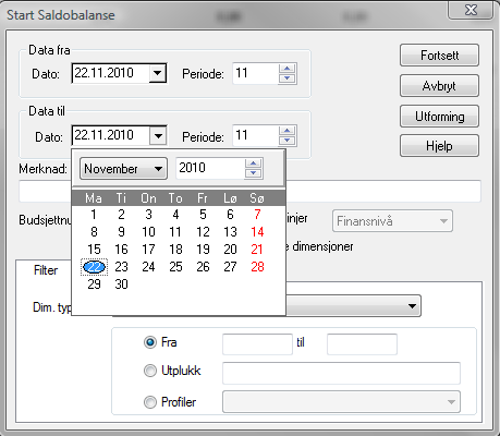 Du kan nå velge dato og den regnskapsperioden du ønsker å ta ut saldobalansen på. Se Dato fra / Dato til i bildet nedenfor: Klikk Fortsett: Her vises et eksempel på en saldobalanse.