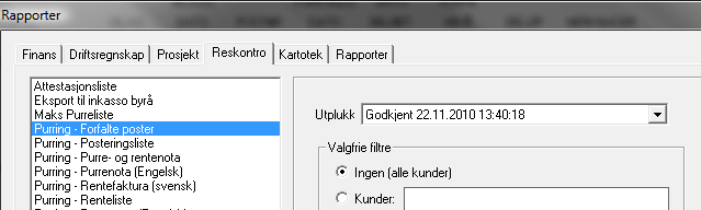 Når utplukket er klart får man valget om og Slett utvalg, Behandle eller Avslutt Nytt utvalg Kjør rapportene purre- og renteliste: Før man begynner å