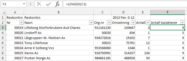 Samme metodikk kan man bruke for nær sagt alle Excel-funksjoner man får opp ved å skrive = og en bokstav i en tom celle.