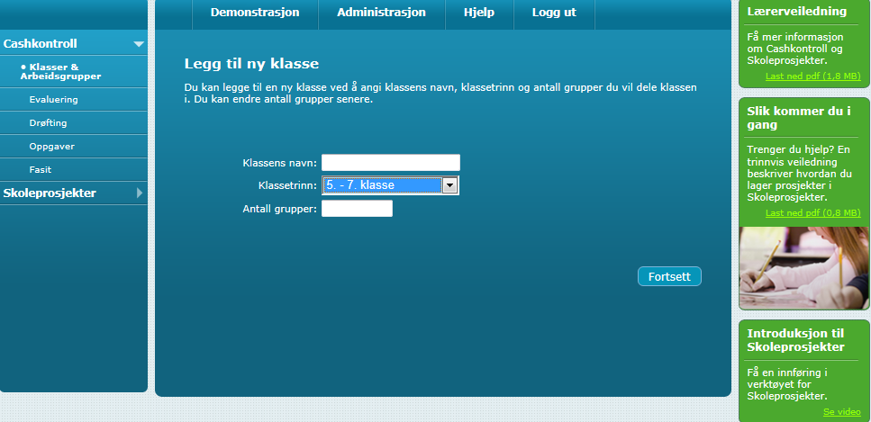 15 Du må være innlogget for å benytte lærerverktøyene. 1. Login Når du har logget deg på, kan du velge om du vil arbeide med Cashkontroll eller Skoleprosjekter. Velg Cashkontroll. 2.