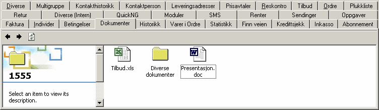 Salg og kundeoppfølging 7.3 105 Dokumentarkiv Hver kunde har et eget dokumentarkiv hvor du kan lagre alle typer dokumenter som er relatert til kunden.