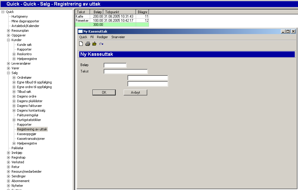50 3.16 Quick Brukerkonferansen Registrering av uttak Her registrerer du uttak fra kasse til diverse innkjøp du gjør. Kaffe, frimerker etc.