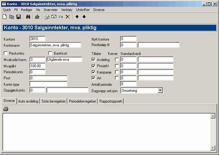 70 Quick Brukerkonferansen Reskontro Her velger du om kontoen skal ha reskontro eller ikke. Vanligvis er det bare kundefordringer og leverandørgjeld som har reskontro (f.eks. 1500 og 2400).