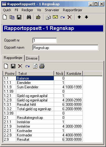 74 Quick Brukerkonferansen Du kan definere flere alternative rapportoppsett. Åpne menyen Regnskap/Hjelperegistre/Rapportoppsett. Opprett et nytt rapportoppsett, eller åpne et eksisterende.