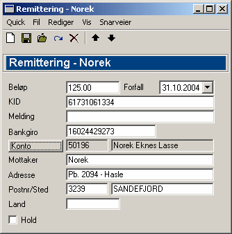 86 6.5 Quick Brukerkonferansen Remittering Bank-modulen for QuickNG gir tilgang til rutiner for direkte remittering.