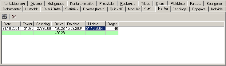 Regnskap 97 Fakturering av renter En rentefaktura i QuickNG er tilsvarende en ordinær faktura, men "varen" på fakturaen er en spesifikasjon av de beregnede rentene.